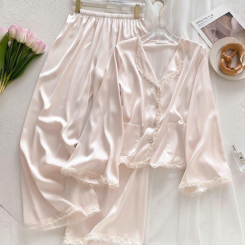 爆品法式宫廷风丝睡衣女春秋长袖仿冰丝家居服装夏季厂