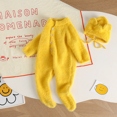 爆品网红婴儿连体衣可爱超萌连脚哈衣毛绒睡衣家居服新生宝宝春秋