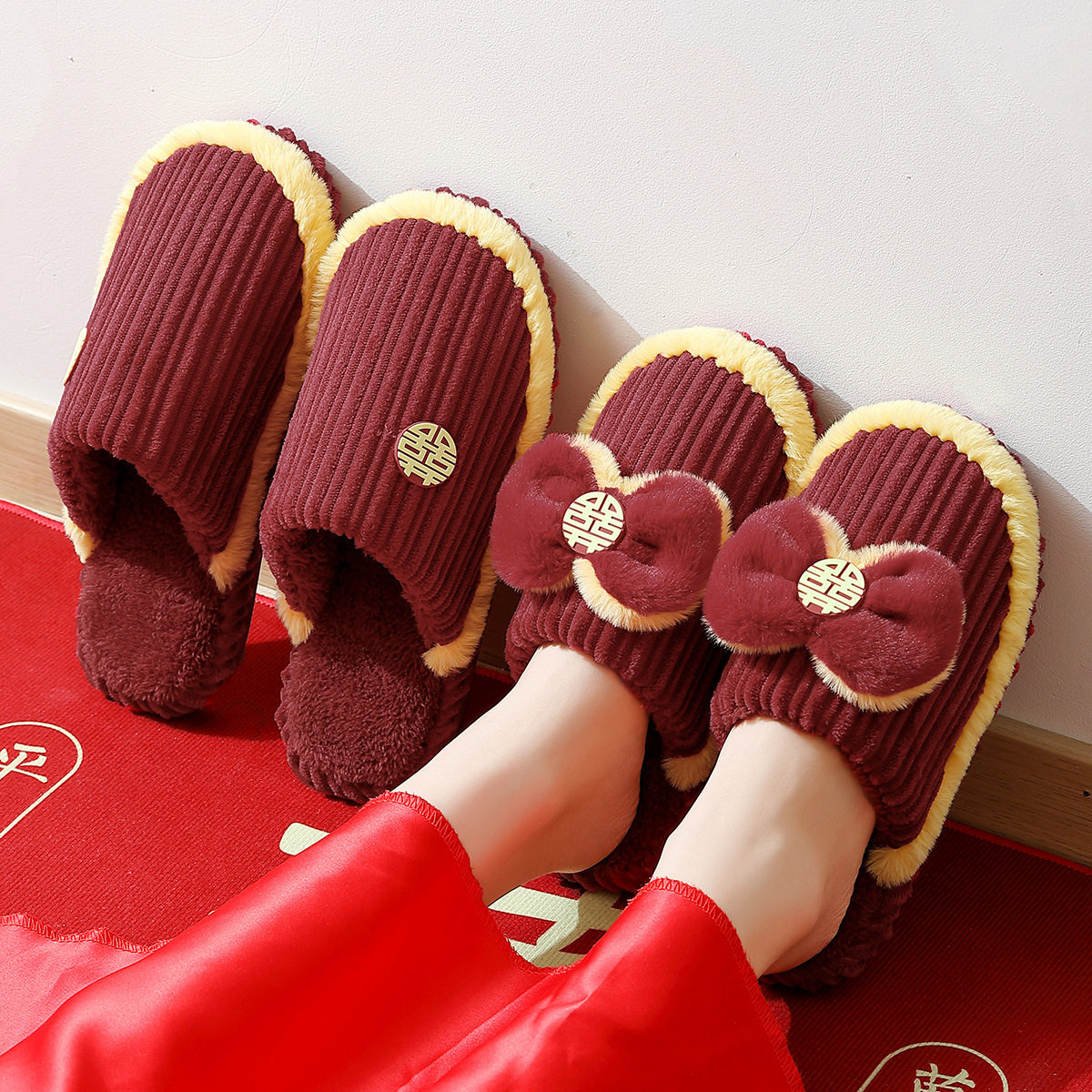 爆品结婚拖鞋喜庆情侣大红色新婚四季地板拖室内凉拖鞋女婚庆拖鞋