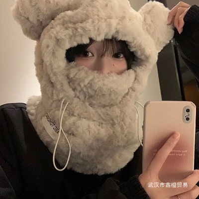 爆品可爱加厚毛绒小熊帽子围巾一体女秋冬季韩版保暖护耳帽骑车防