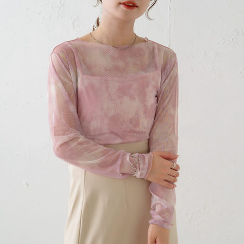 晕染透感网纱长袖弹力打底衫