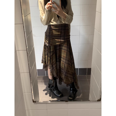格子不规则半身裙新款格纹中长裙