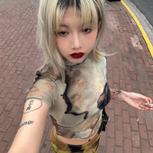 原创设计烧毁图案印花防晒紧身弹力透视T恤网纱T恤