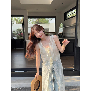 女 叠穿百搭系带开衫 茉上白苔 蕾丝长背心连衣裙春新款