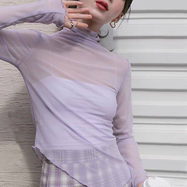 夏季设计感别致网纱防晒打底衫女2022木耳边半高领T恤长袖内搭