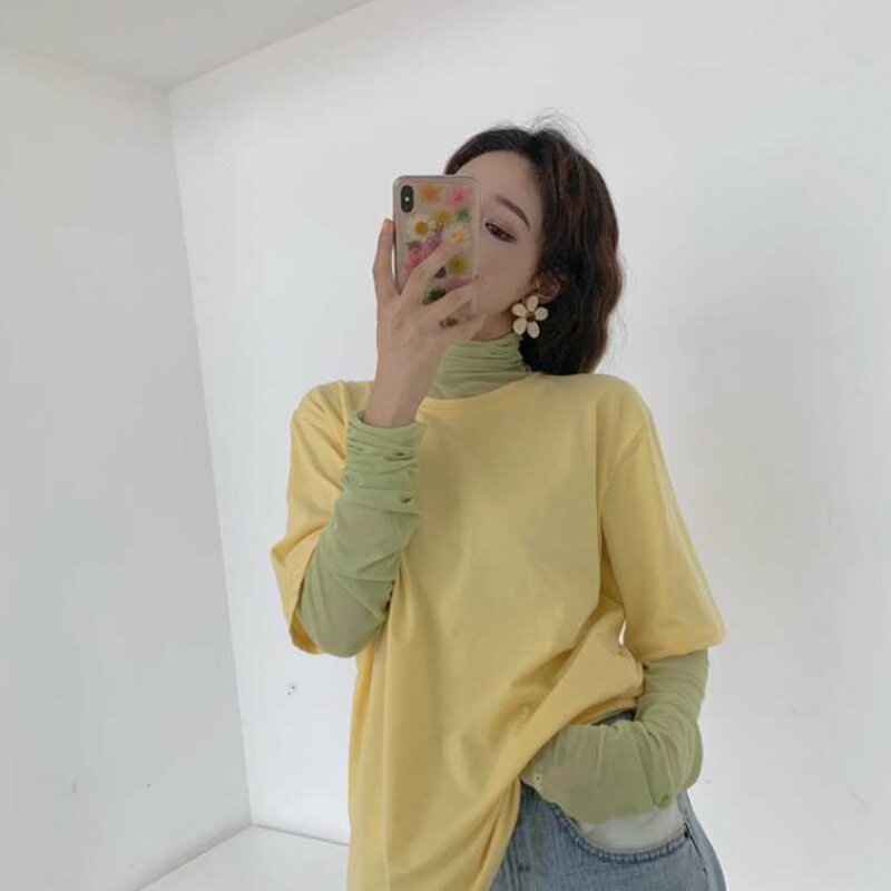 春秋新款韩版糖果色网纱堆堆褶皱袖上衣女潮简约纯色宽松短袖T恤