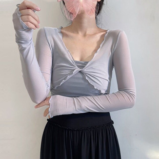 交叉网纱上衣瑜伽古典现代练功服防晒衫 芭蕾舞蹈服女形体长袖 罩衫