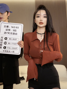 2022年早秋新款 别致收腰衬衫 上衣 上衣红色POLO领长袖 辣妹短款