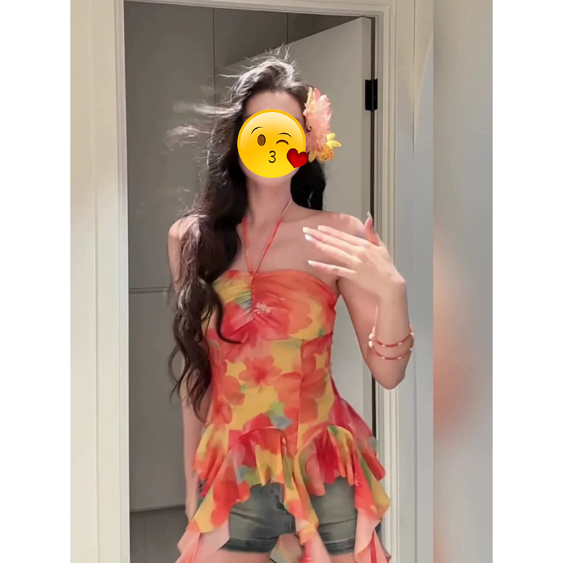 纯欲辣妹扎染挂脖抹胸背心女上衣