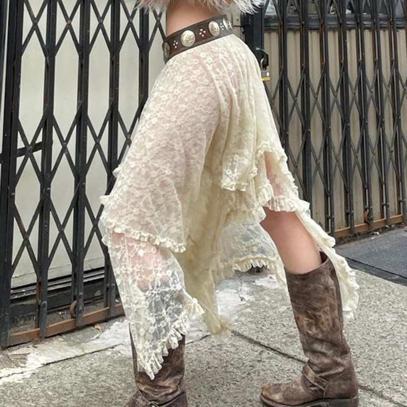 法式复古流浪风蕾丝休闲不规则大摆纯色半身裙长款女_虎窝淘