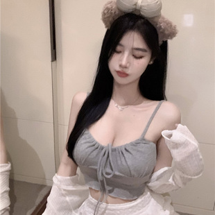 性感绑带吊带背心夏 纯欲辣妹甜奶大挂脖显胸大直播上镜女主播服装