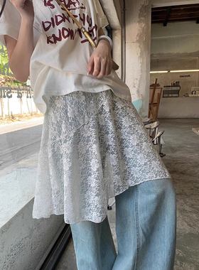 韩系叠穿蕾丝半身裙百搭镂空松紧腰不规则屁帘显瘦