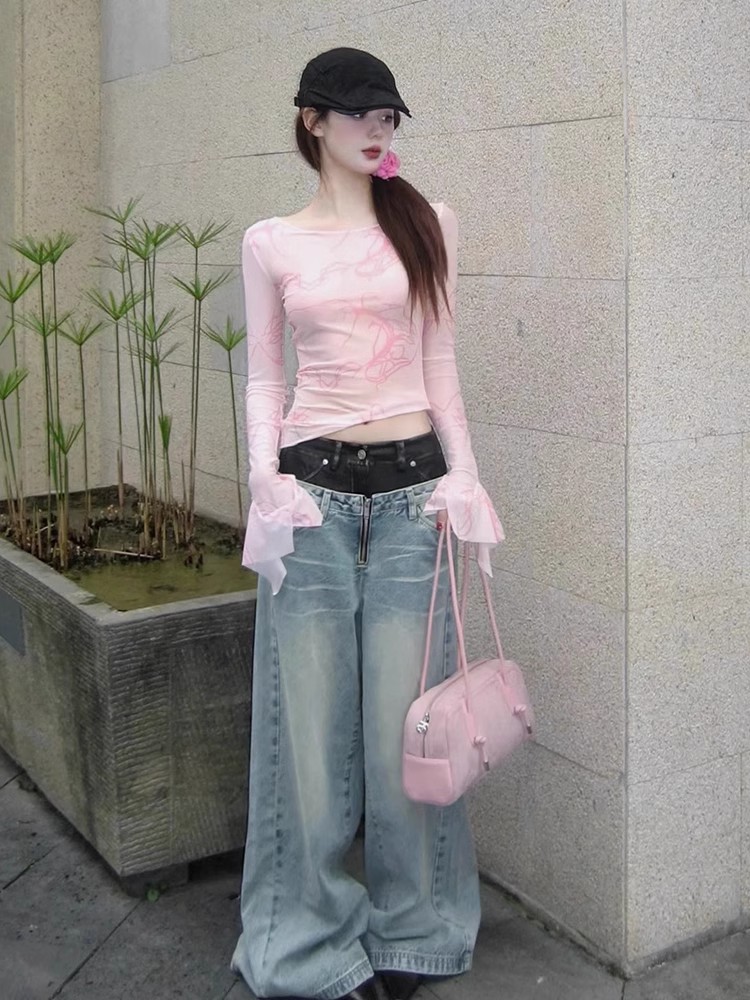 美式纯欲设计感网纱罩衫长袖上衣