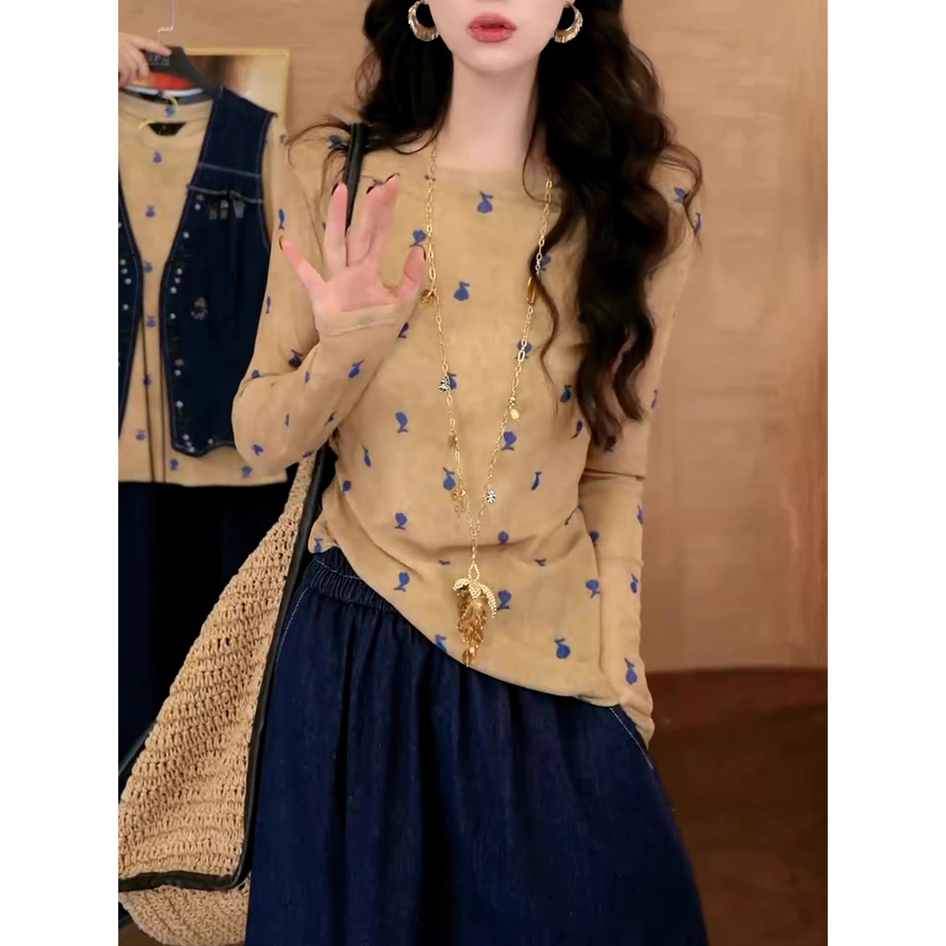 复古港风女孩印花长袖防晒罩衫夏薄款网纱T恤超好看修身百搭上衣