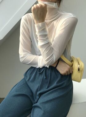 同款白色防晒打底衫女冰丝网纱高领上衣透视内搭叠穿t恤