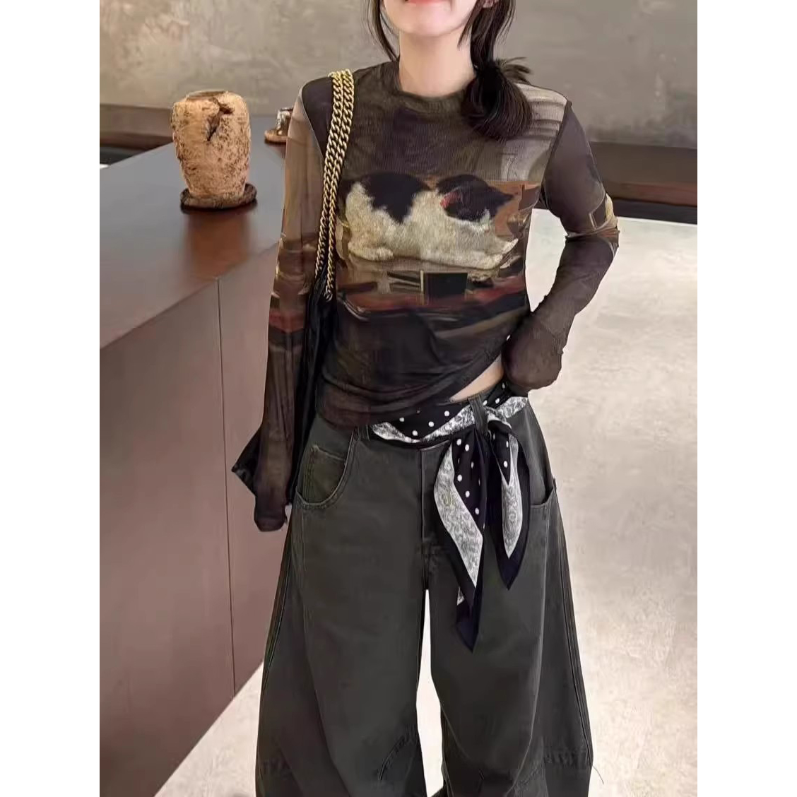 辣妹风印花长袖内搭T恤女上衣