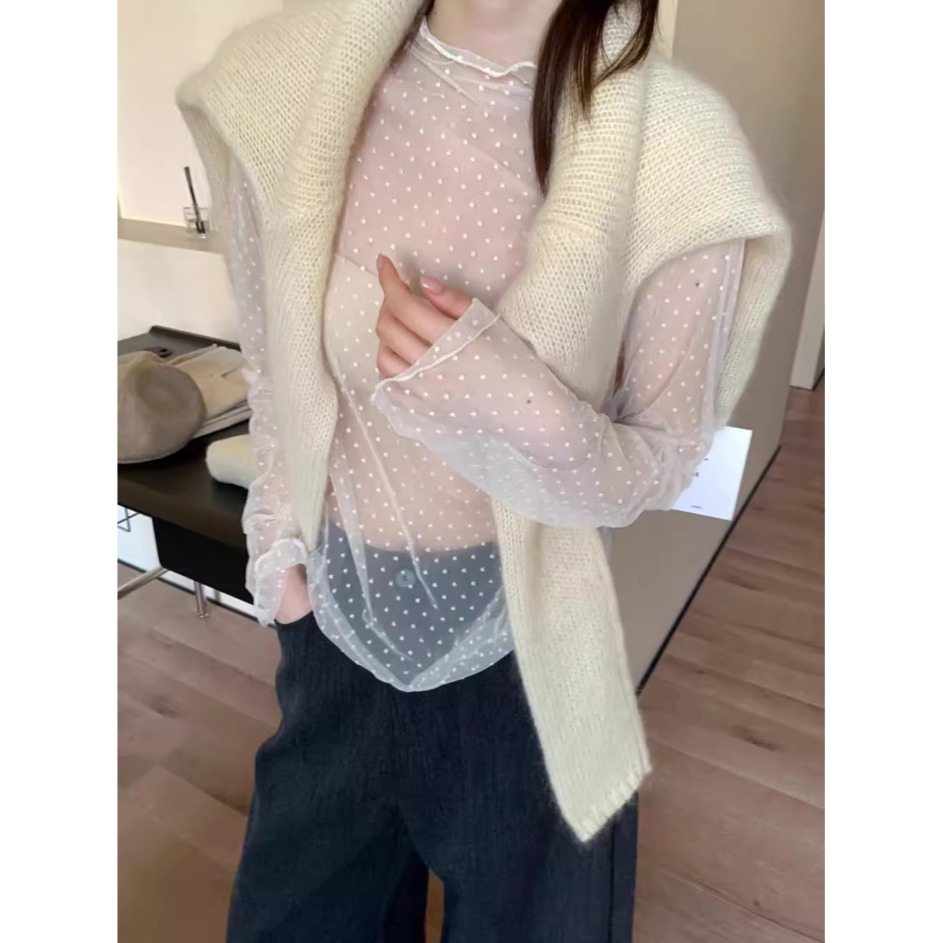 韩系网纱叠穿打底衫女长袖蕾丝衫