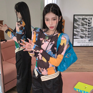 个性自制全印花订染卡通长袖圆领透视网纱薄款上衣女