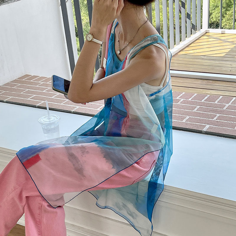 春夏混色微透设计感网纱背心外穿女ins韩版宽松开叉叠穿内搭