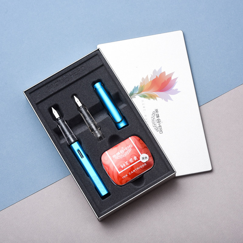 HERO/英雄钢笔359极光金属正姿铱金笔学生用练字书写墨水墨囊书法笔商务办公双笔头礼盒装正品