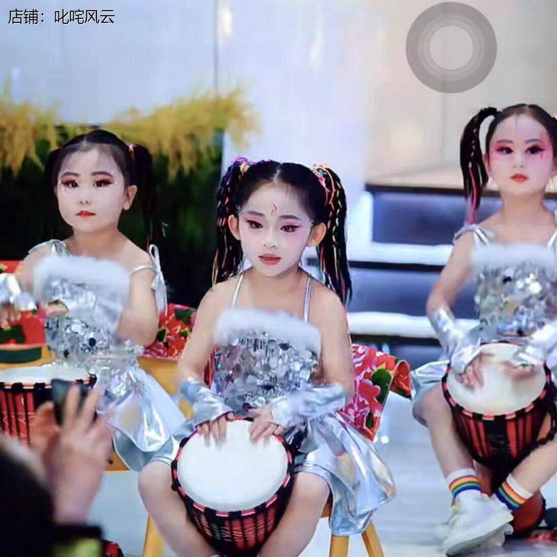 六一新款非洲鼓鼓动未来演出服幼儿园中小学生银色亮片爵士舞蹈服