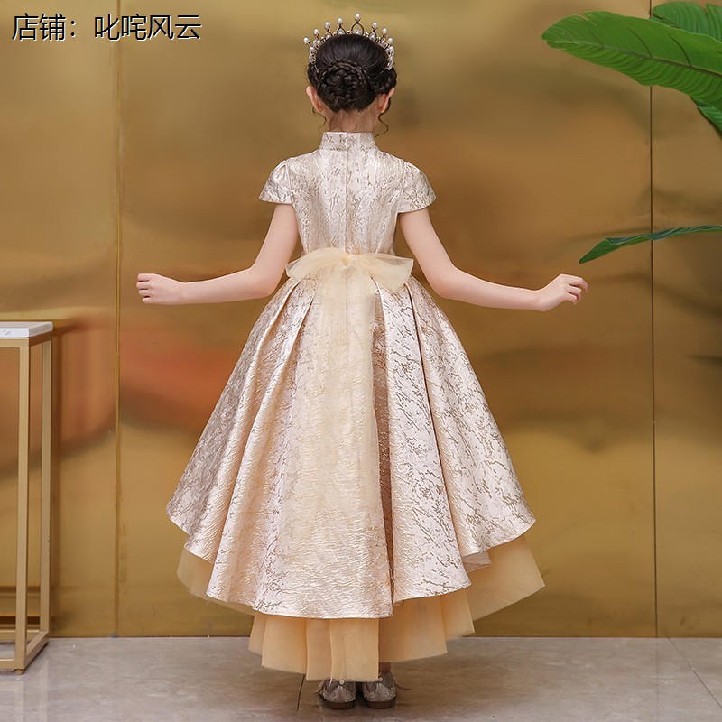 网红女童晚礼服中国风前短后长公主裙儿童走秀小女孩主持人钢琴演