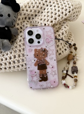 are you自制卡通细闪贴钻黑皮豹纹KT猫手机壳适用13苹果iPhone16promax新款15pro保护套14PRO全包16双层壳14