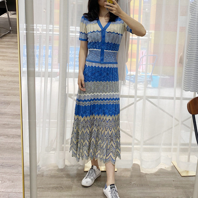 法单S家2024春夏新款V领波浪条纹短袖针织衫上衣女中长半身裙套装