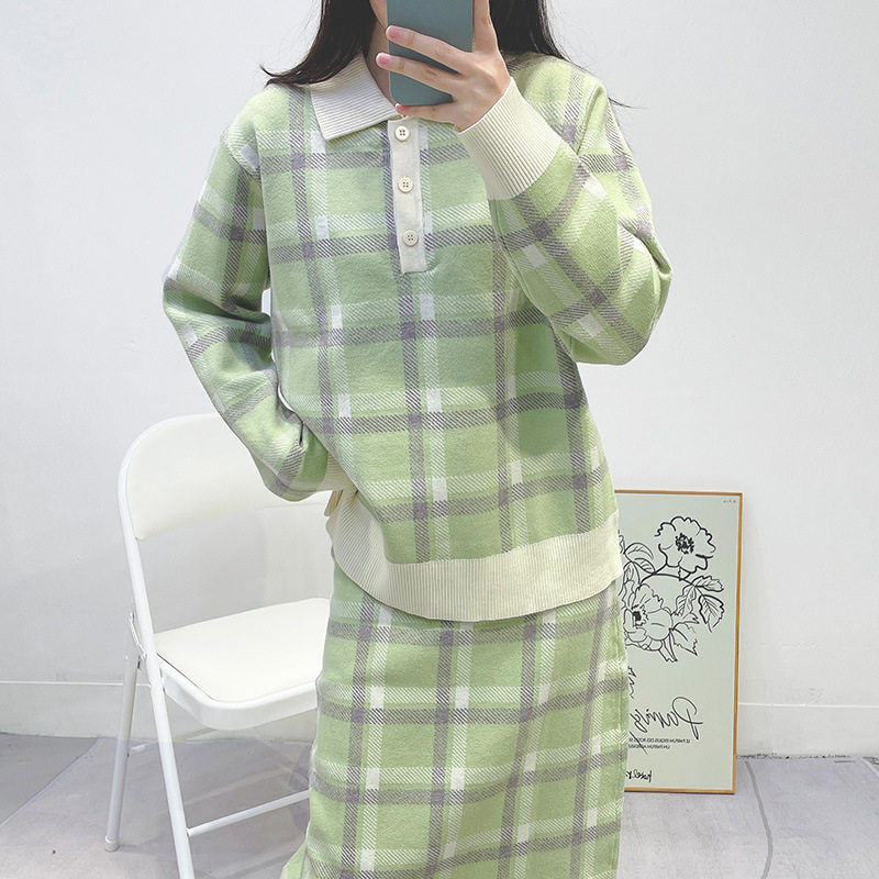 秋冬新款女装韩版减龄学院风薄荷绿格子POLO领套头针织衫半裙套装