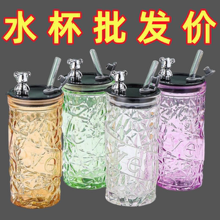 小熊吸管简约水杯早餐ins高颜值带盖办公室杯子小熊可爱玻璃杯