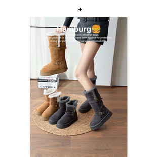 【汉堡Hamburg】皮带扣冬季中筒保暖时尚雪地靴女韩系棉靴子女