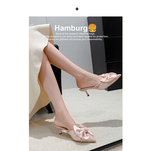 【汉堡Hamburg】粉色细跟高跟鞋女法式名媛尖头蝴蝶结包头凉鞋女