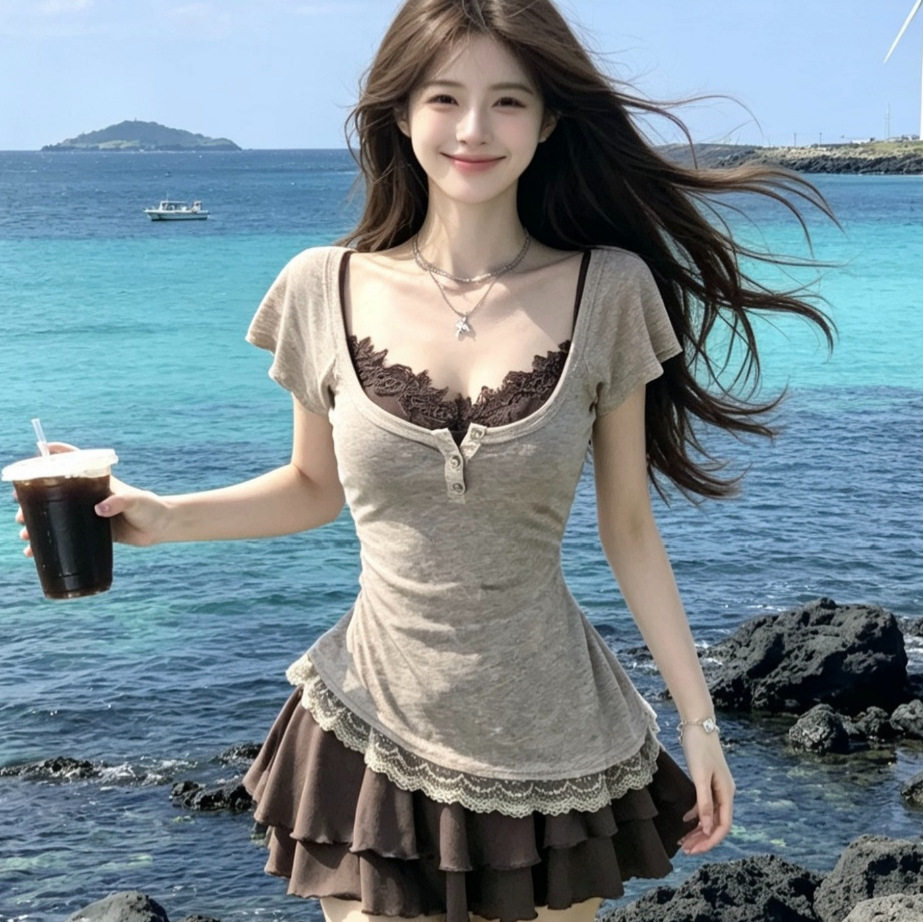 2026夏季新款纯欲咖色套装连衣裙子女蕾丝拼接收腰显瘦辣妹短裙子