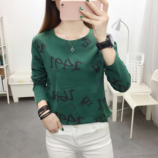 新款 跃伴2024秋季 圆领长袖 涂鸦式 百搭T桖女 绿色上衣薄款 现货