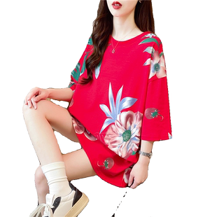 短袖T恤女韩版宽松百搭上衣女潮2024夏季新款短欧货树叶印花大码