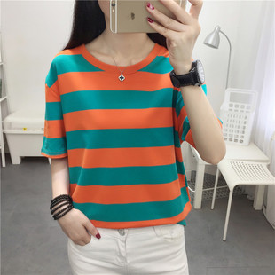 2023春夏季泫雅风红色条纹超火cec短袖古着感少女t恤女宽松上衣in