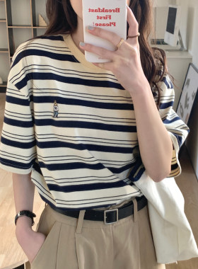 学生条纹短袖t恤女夏季宽松显瘦