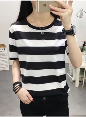 超火横粗条纹多色修身款T恤女2022ins新款减龄简约大方半袖上衣服