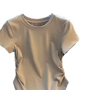 不规则弧形下摆体恤短袖t恤2024女夏季款设计感小众褶皱收腰上衣
