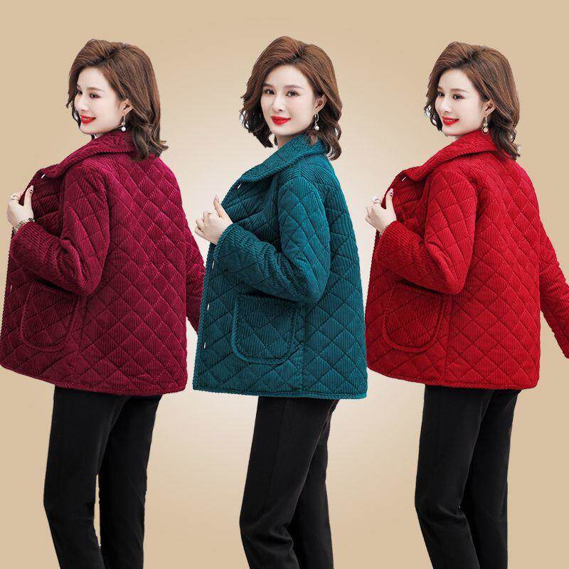 妈妈冬季加绒加厚棉衣新款保暖灯芯绒棉服大码中老年女装棉袄外套