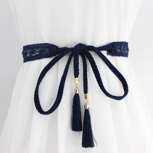 饰配腰子收连衣裙腰链大衣 汉服装 藏青色编织腰绳腰带女款 2025新款