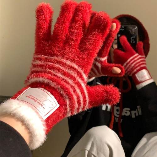 手套红色条纹毛绒针织女冬