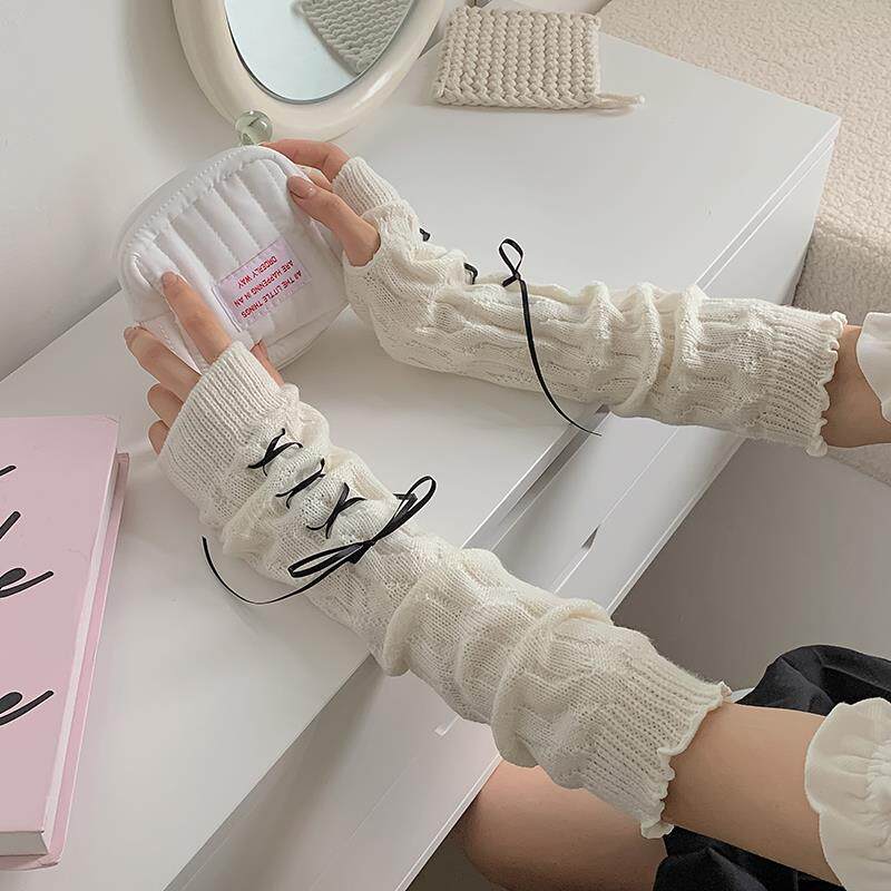 保暖手套露指甜美lolita绑带袖套手臂套保暖日系可爱辣妹手套针织