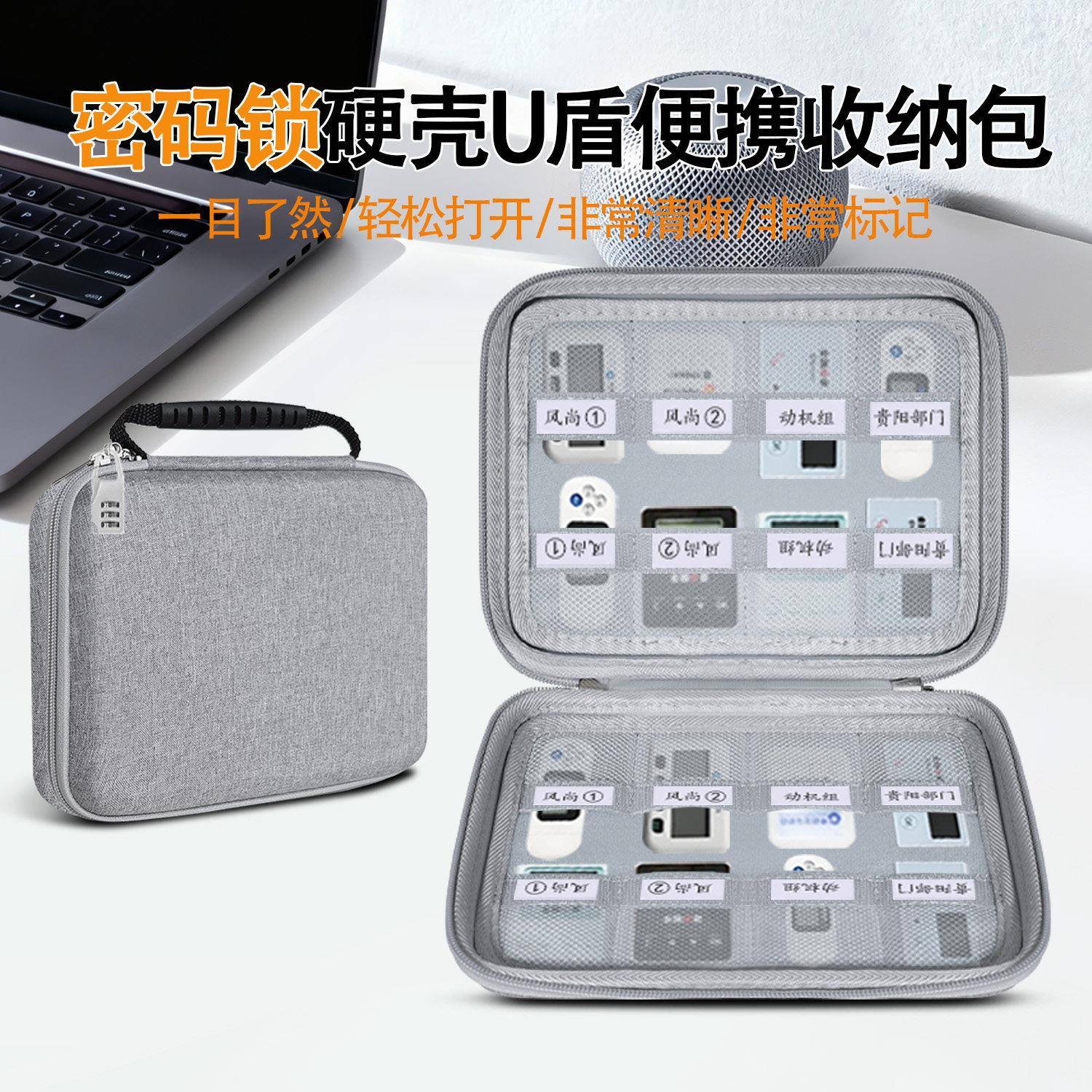 u盾收纳包密码锁硬壳便携牛津材质耐磨防摔硬壳抗挤压财会ukey收纳整理PU材质防水好打理魔术贴标签款收纳盒
