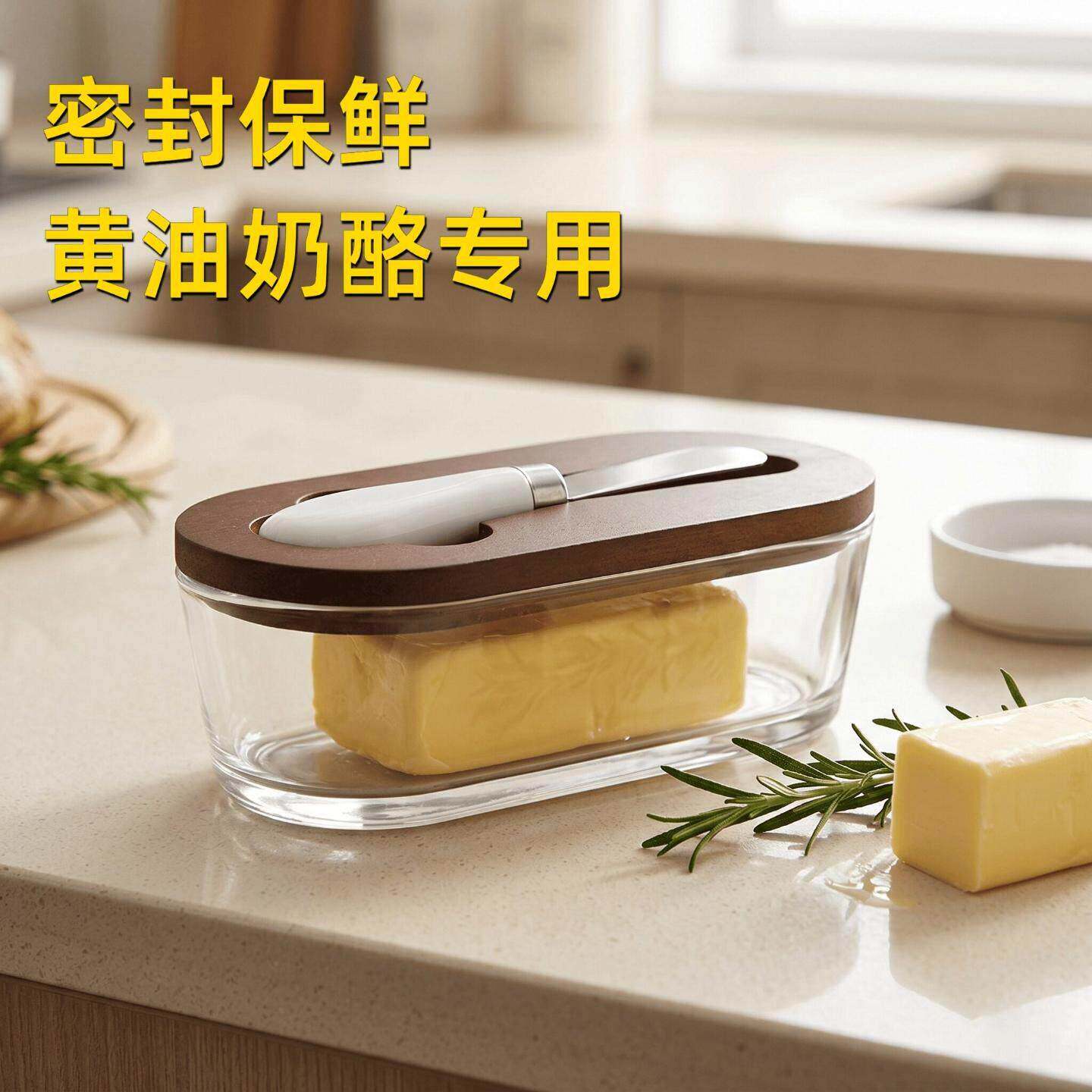日式黄油储存盒西式玻璃密封盒带盖抹刀长方形家用奶酪保鲜罐家用
