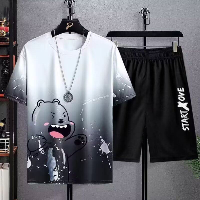 广州面料休闲衣服男夏季冰丝速干运动服套装短袖上衣跑步 t恤训练