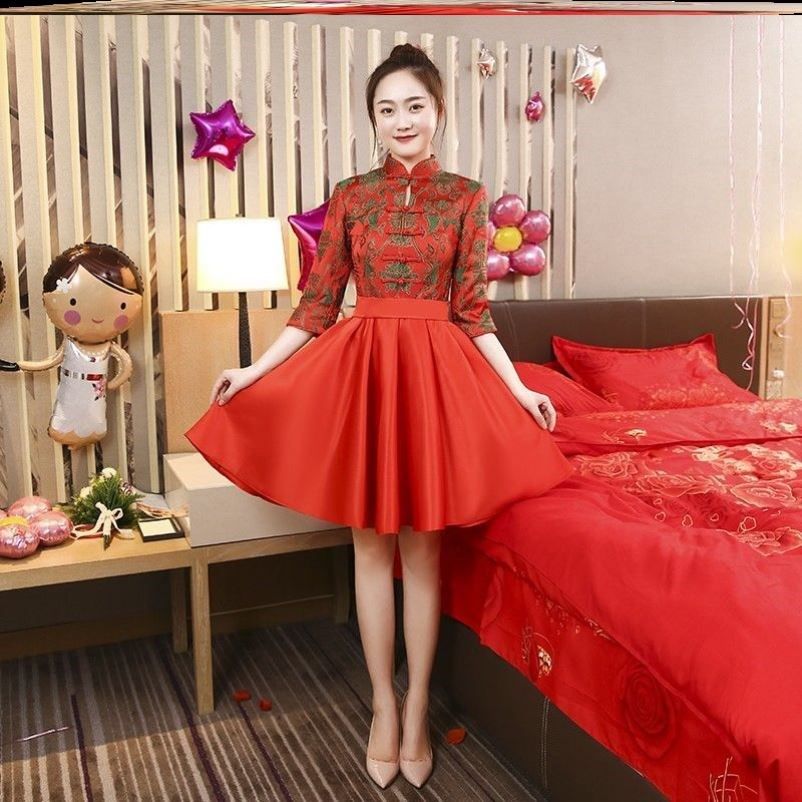 新款伴娘服姐妹团晚礼服显瘦中式连衣裙旗袍学生女中国风长款礼服