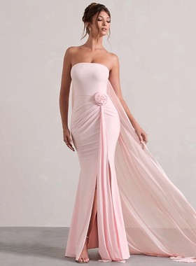 Ribbon slit dress with a trailing finish飘带开衩拖尾连衣裙女