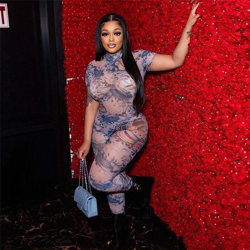 Backless printed sexy mesh jumpsuit露背印花透视网纱连衣裤女