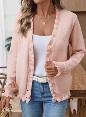 Black fungus edge button sweater top木耳边纽扣毛衣休闲上衣女